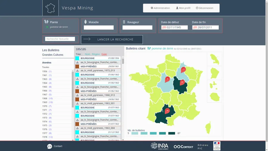 Interface Vespa Mining — exploration de bulletins de santé du végétal pour l’INRAE